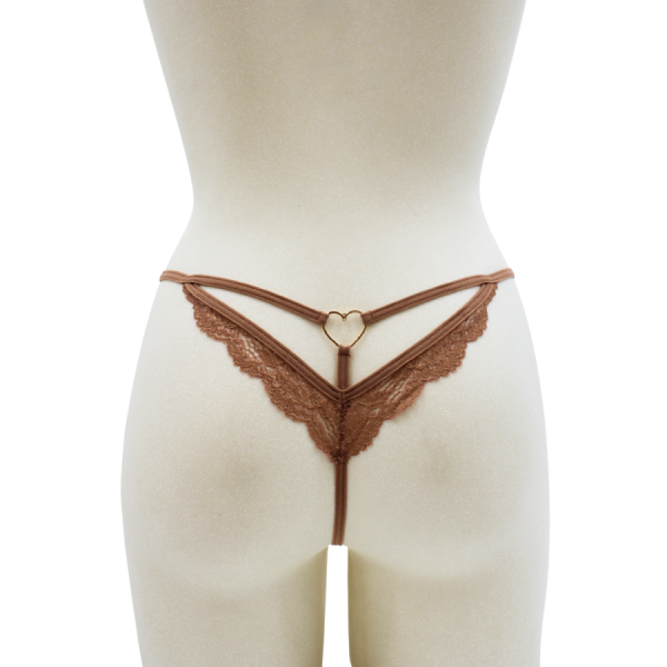 String taupe en dentelle avec bijou cœur doré 